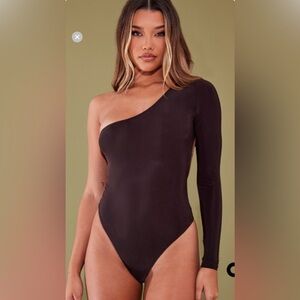 NWT Chocolate Slinky Cut Out Back One Shoulder Bodysuit